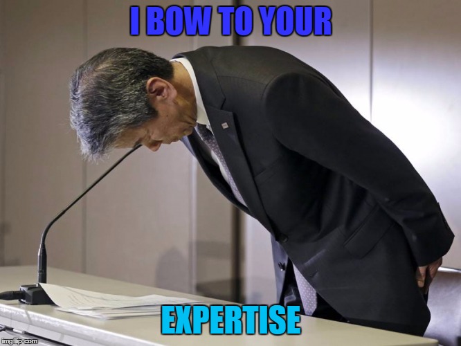 I BOW TO YOUR; EXPERTISE | image tagged in man bow | made w/ Imgflip meme maker
