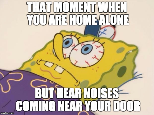 Spongebob | THAT MOMENT WHEN YOU ARE HOME ALONE; BUT HEAR NOISES COMING NEAR YOUR DOOR | image tagged in spongebob | made w/ Imgflip meme maker