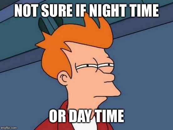 Futurama Fry Meme | NOT SURE IF NIGHT TIME OR DAY TIME | image tagged in memes,futurama fry | made w/ Imgflip meme maker