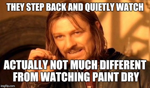 One Does Not Simply Meme | THEY STEP BACK AND QUIETLY WATCH ACTUALLY NOT MUCH DIFFERENT FROM WATCHING PAINT DRY | image tagged in memes,one does not simply | made w/ Imgflip meme maker