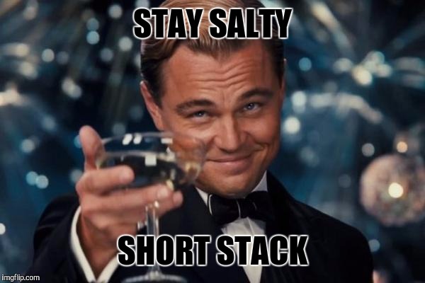 Leonardo Dicaprio Cheers | STAY SALTY; SHORT STACK | image tagged in memes,leonardo dicaprio cheers | made w/ Imgflip meme maker