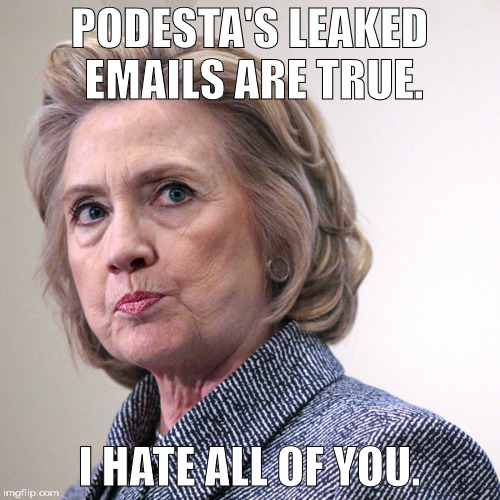 SHE HATES YOU AND THINKS YOU'RE AN IDIOT BUT WOULD REALLY LIKE YOUR VOTE. |  PODESTA'S LEAKED EMAILS ARE TRUE. I HATE ALL OF YOU. | image tagged in hillary clinton pissed,wikileaks,hillary,trump,hrc | made w/ Imgflip meme maker