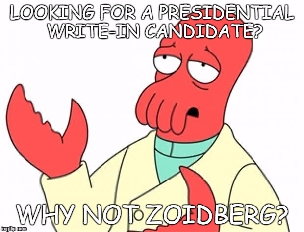 Why not Zoidberg | LOOKING FOR A PRESIDENTIAL WRITE-IN CANDIDATE? WHY NOT ZOIDBERG? | image tagged in why not zoidberg | made w/ Imgflip meme maker