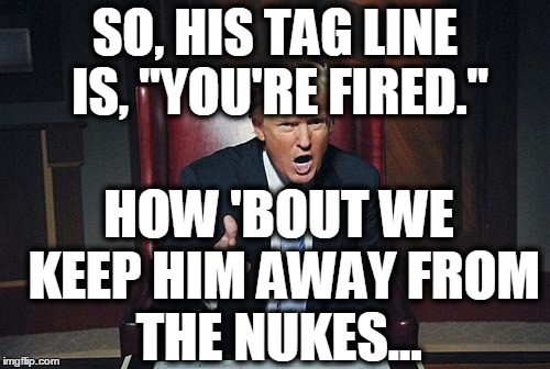 Donald Trump You're Fired | SO, HIS TAG LINE IS, "YOU'RE FIRED."; HOW 'BOUT WE KEEP HIM AWAY FROM THE NUKES... | image tagged in donald trump you're fired | made w/ Imgflip meme maker