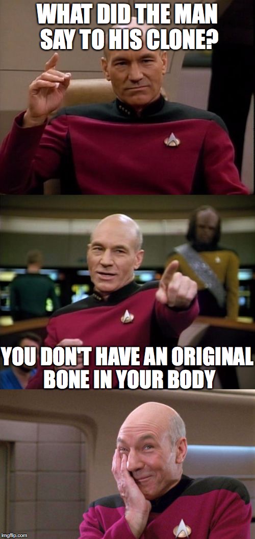 How I Feel About All My Jokes | WHAT DID THE MAN SAY TO HIS CLONE? YOU DON'T HAVE AN ORIGINAL BONE IN YOUR BODY | image tagged in bad pun picard | made w/ Imgflip meme maker