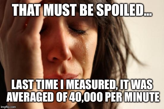 First World Problems Meme | THAT MUST BE SPOILED... LAST TIME I MEASURED, IT WAS AVERAGED OF 40,000 PER MINUTE | image tagged in memes,first world problems | made w/ Imgflip meme maker