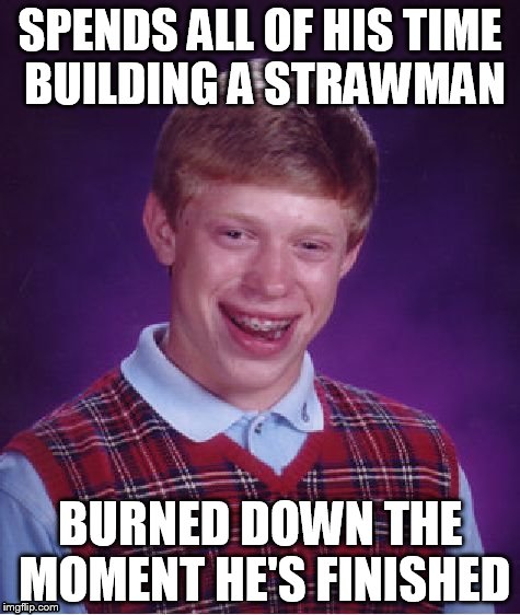 Bad Luck Brian Meme | SPENDS ALL OF HIS TIME BUILDING A STRAWMAN BURNED DOWN THE MOMENT HE'S FINISHED | image tagged in memes,bad luck brian | made w/ Imgflip meme maker