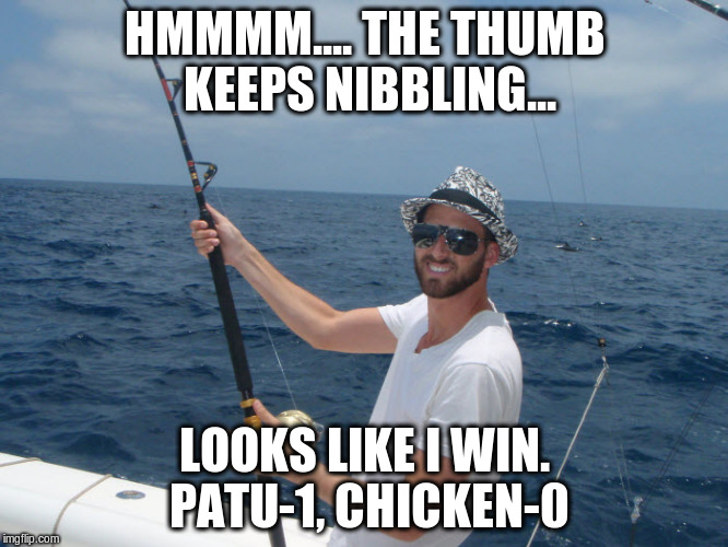 Person fishing | HMMMM.... THE THUMB KEEPS NIBBLING... LOOKS LIKE I WIN. PATU-1, CHICKEN-0 | image tagged in person fishing | made w/ Imgflip meme maker