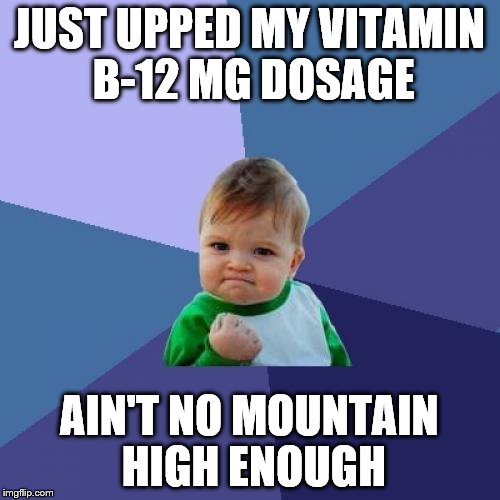 Deal With It! | JUST UPPED MY VITAMIN B-12 MG DOSAGE; AIN'T NO MOUNTAIN HIGH ENOUGH | image tagged in memes,success kid,deal with it,just upped my vitamin b-12 mg dosage,ain't no mountain high enough | made w/ Imgflip meme maker