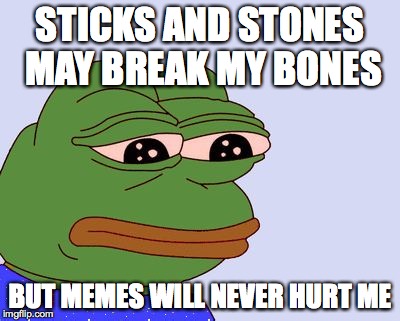 Pepe the Frog | STICKS AND STONES MAY BREAK MY BONES; BUT MEMES WILL NEVER HURT ME | image tagged in pepe the frog | made w/ Imgflip meme maker