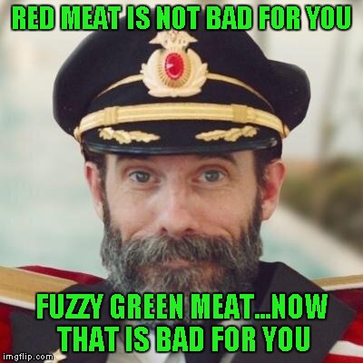 I could never be a vegetarian...I love steak way too much...but if a steak is green, it grew into a vegetable. | RED MEAT IS NOT BAD FOR YOU; FUZZY GREEN MEAT...NOW THAT IS BAD FOR YOU | image tagged in thanks captain obvious,memes | made w/ Imgflip meme maker
