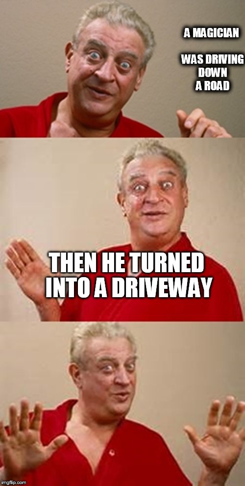pretty good trick | A MAGICIAN WAS DRIVING DOWN A ROAD; THEN HE TURNED INTO A DRIVEWAY | image tagged in bad pun dangerfield | made w/ Imgflip meme maker