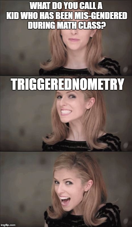 I had to | WHAT DO YOU CALL A KID WHO HAS BEEN MIS-GENDERED DURING MATH CLASS? TRIGGEREDNOMETRY | image tagged in memes,bad pun anna kendrick,triggered | made w/ Imgflip meme maker