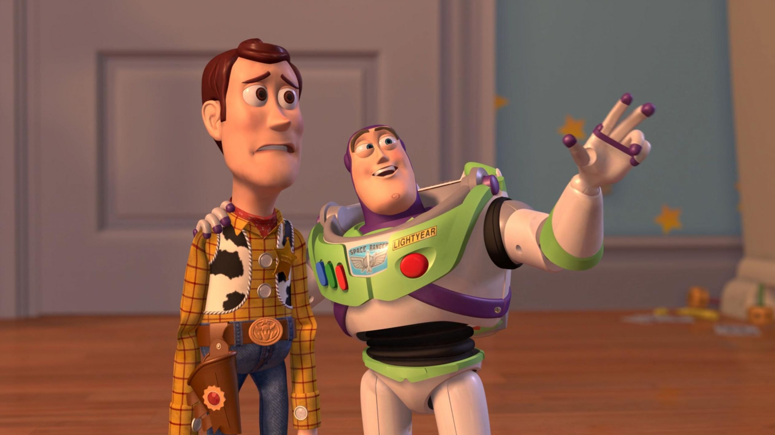 High Quality Woody and Buzz Lightyear Everywhere Widescreen Blank Meme Template