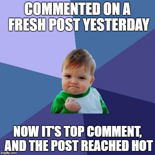 Success Kid Meme | COMMENTED ON A FRESH POST YESTERDAY; NOW IT'S TOP COMMENT, AND THE POST REACHED HOT | image tagged in memes,success kid | made w/ Imgflip meme maker