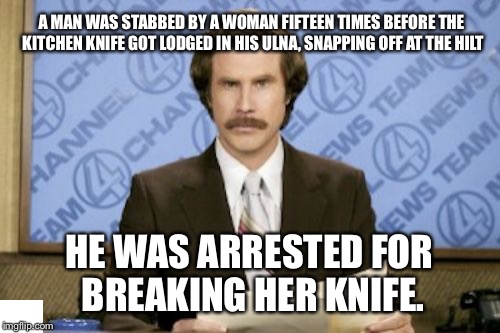 Ron Burgundy Meme | A MAN WAS STABBED BY A WOMAN FIFTEEN TIMES BEFORE THE KITCHEN KNIFE GOT LODGED IN HIS ULNA, SNAPPING OFF AT THE HILT; HE WAS ARRESTED FOR BREAKING HER KNIFE. | image tagged in memes,ron burgundy | made w/ Imgflip meme maker