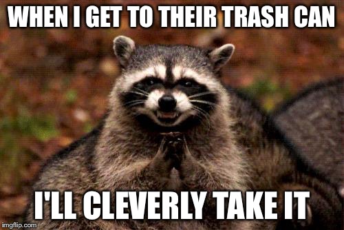 Evil Plotting Raccoon | WHEN I GET TO THEIR TRASH CAN; I'LL CLEVERLY TAKE IT | image tagged in memes,evil plotting raccoon | made w/ Imgflip meme maker