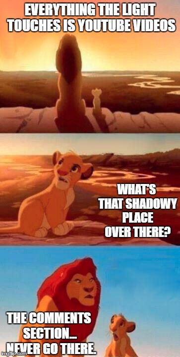 Lion King | EVERYTHING THE LIGHT TOUCHES IS YOUTUBE VIDEOS; WHAT'S THAT SHADOWY PLACE OVER THERE? THE COMMENTS SECTION...  NEVER GO THERE. | image tagged in lion king,youtube | made w/ Imgflip meme maker