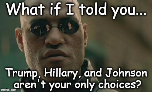 Matrix Morpheus | What if I told you... Trump, Hillary, and Johnson aren't your only choices? | image tagged in memes,matrix morpheus,trump,gary johnson | made w/ Imgflip meme maker