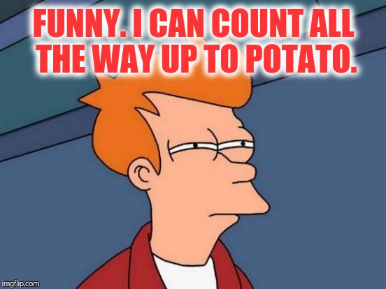 Futurama Fry Meme | FUNNY. I CAN COUNT ALL THE WAY UP TO POTATO. | image tagged in memes,futurama fry | made w/ Imgflip meme maker