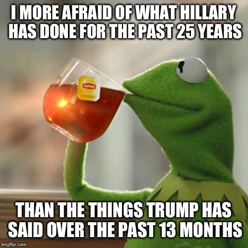 One of them is rude to women. The other one defends male r*pists and laughs. You decide. | I MORE AFRAID OF WHAT HILLARY HAS DONE FOR THE PAST 25 YEARS; THAN THE THINGS TRUMP HAS SAID OVER THE PAST 13 MONTHS | image tagged in memes,but thats none of my business,kermit the frog | made w/ Imgflip meme maker