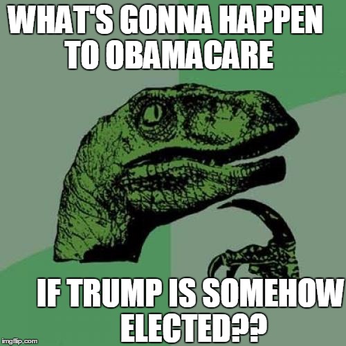 Have you even thought about that??? | WHAT'S GONNA HAPPEN TO OBAMACARE; IF TRUMP IS SOMEHOW ELECTED?? | image tagged in memes,philosoraptor | made w/ Imgflip meme maker
