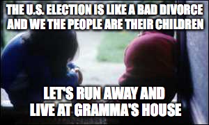 horse kids | THE U.S. ELECTION IS LIKE A BAD DIVORCE AND WE THE PEOPLE ARE THEIR CHILDREN; LET'S RUN AWAY AND LIVE AT GRAMMA'S HOUSE | image tagged in horse kids | made w/ Imgflip meme maker