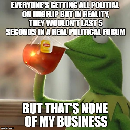 Time and a place | EVERYONE'S GETTING ALL POLITIAL ON IMGFLIP BUT IN REALITY, THEY WOULDN'T LAST 5 SECONDS IN A REAL POLITICAL FORUM; BUT THAT'S NONE OF MY BUSINESS | image tagged in memes,but thats none of my business,kermit the frog | made w/ Imgflip meme maker