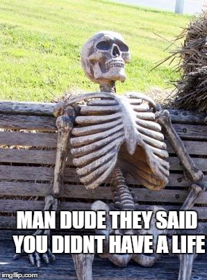 Waiting Skeleton | MAN DUDE THEY SAID YOU DIDNT HAVE A LIFE | image tagged in memes,waiting skeleton | made w/ Imgflip meme maker