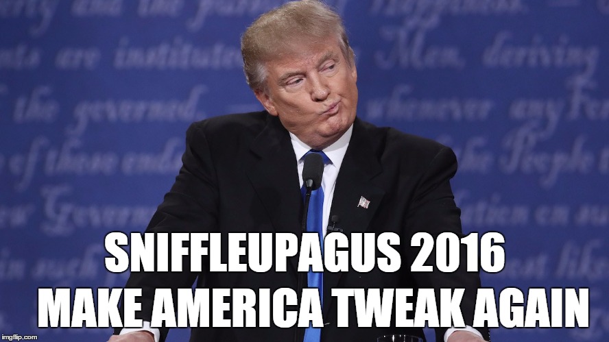 He's Got Them Cocaine Bluuuueeees... | SNIFFLEUPAGUS 2016; MAKE AMERICA TWEAK AGAIN | image tagged in donald trump,hey yall got some more of that cocaine | made w/ Imgflip meme maker