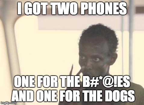I'm The Captain Now | I GOT TWO PHONES; ONE FOR THE B#*@!ES AND ONE FOR THE DOGS | image tagged in memes,i'm the captain now | made w/ Imgflip meme maker