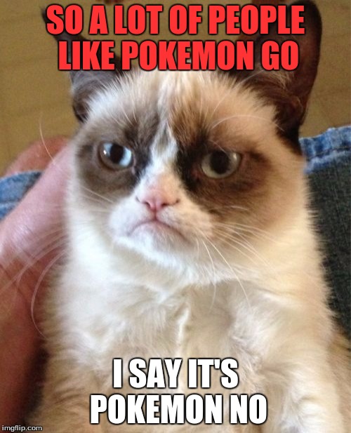 Pokemon NO | SO A LOT OF PEOPLE LIKE POKEMON GO; I SAY IT'S POKEMON NO | image tagged in memes,grumpy cat | made w/ Imgflip meme maker