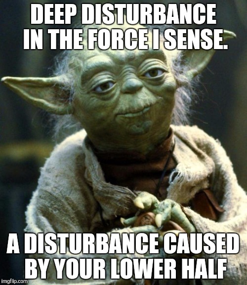 Star Wars Yoda Meme | DEEP DISTURBANCE IN THE FORCE I SENSE. A DISTURBANCE CAUSED BY YOUR LOWER HALF | image tagged in memes,star wars yoda | made w/ Imgflip meme maker