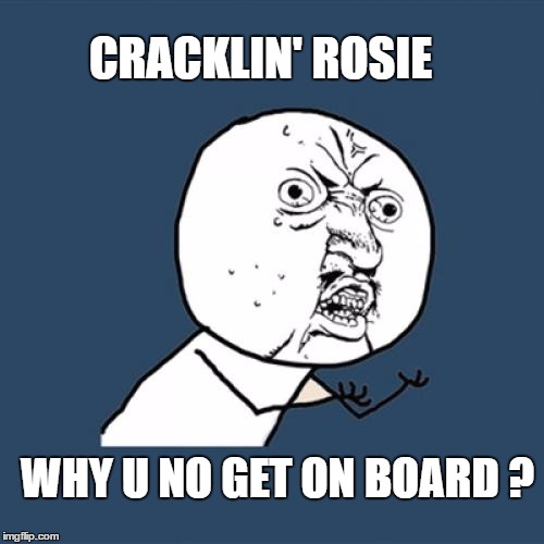 Y U No Rosie | CRACKLIN' ROSIE; WHY U NO GET ON BOARD ? | image tagged in memes,y u no,neil diamond,songs,funny memes | made w/ Imgflip meme maker