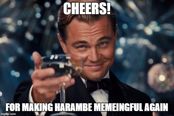 Leonardo Dicaprio Cheers Meme | CHEERS! FOR MAKING HARAMBE MEMEINGFUL AGAIN | image tagged in memes,leonardo dicaprio cheers | made w/ Imgflip meme maker