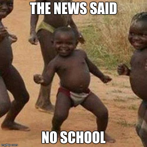 Third World Success Kid | THE NEWS SAID; NO SCHOOL | image tagged in memes,third world success kid | made w/ Imgflip meme maker