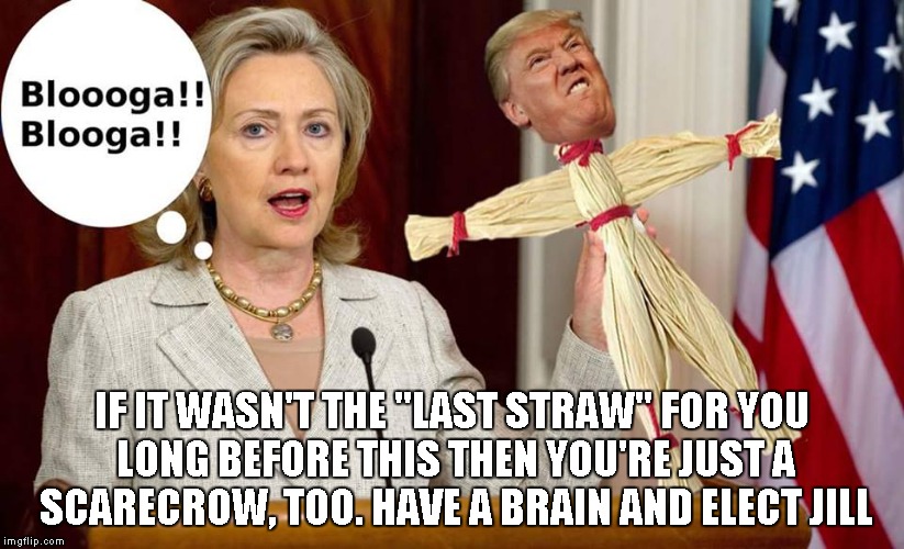 Klinton's Skarekrows  | IF IT WASN'T THE "LAST STRAW" FOR YOU LONG BEFORE THIS THEN YOU'RE JUST A SCARECROW, TOO. HAVE A BRAIN AND ELECT JILL | image tagged in jill stein,hillary clinton 2016,trump 2016,wizard of oz scarecrow,scarecrow,black lives matter | made w/ Imgflip meme maker