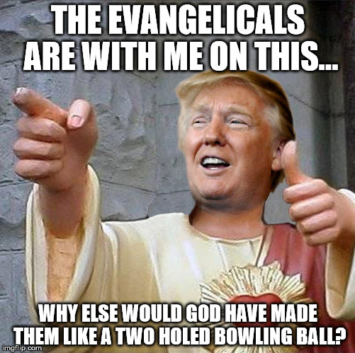 Trump Jesus | THE EVANGELICALS ARE WITH ME ON THIS... WHY ELSE WOULD GOD HAVE MADE THEM LIKE A TWO HOLED BOWLING BALL? | image tagged in trump jesus | made w/ Imgflip meme maker
