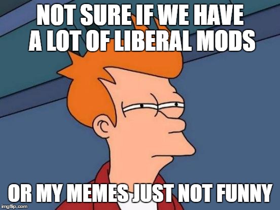 Futurama Fry Meme | NOT SURE IF WE HAVE A LOT OF LIBERAL MODS OR MY MEMES JUST NOT FUNNY | image tagged in memes,futurama fry | made w/ Imgflip meme maker