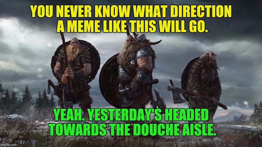 YOU NEVER KNOW WHAT DIRECTION A MEME LIKE THIS WILL GO. YEAH. YESTERDAY'S HEADED TOWARDS THE DOUCHE AISLE. | image tagged in vikings | made w/ Imgflip meme maker
