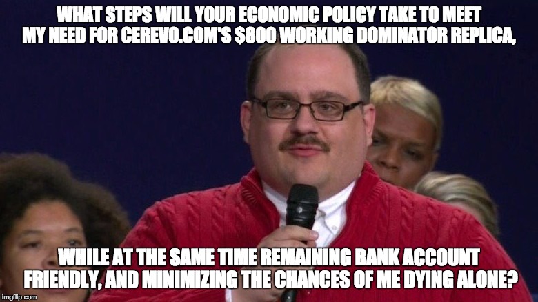 Ken Bone | WHAT STEPS WILL YOUR ECONOMIC POLICY TAKE TO MEET MY NEED FOR CEREVO.COM'S $800 WORKING DOMINATOR REPLICA, WHILE AT THE SAME TIME REMAINING BANK ACCOUNT FRIENDLY, AND MINIMIZING THE CHANCES OF ME DYING ALONE? | image tagged in ken bone | made w/ Imgflip meme maker