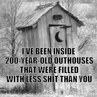 Outhouse Insult | I'VE BEEN INSIDE 200-YEAR-OLD OUTHOUSES THAT WERE FILLED WITH LESS SHIT THAN YOU | image tagged in insult,funny | made w/ Imgflip meme maker