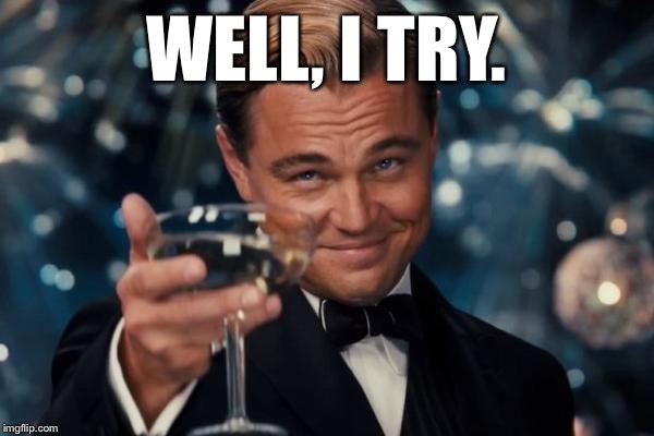 Leonardo Dicaprio Cheers Meme | WELL, I TRY. | image tagged in memes,leonardo dicaprio cheers | made w/ Imgflip meme maker