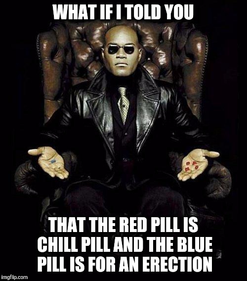 Matrix Morpheus red pill blue pill | WHAT IF I TOLD YOU; THAT THE RED PILL IS CHILL PILL AND THE BLUE PILL IS FOR AN ERECTION | image tagged in morpheus blue  red pill,chill,viagra | made w/ Imgflip meme maker