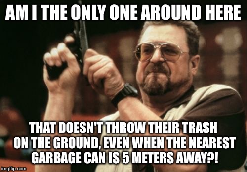 Am I The Only One Around Here | AM I THE ONLY ONE AROUND HERE; THAT DOESN'T THROW THEIR TRASH ON THE GROUND, EVEN WHEN THE NEAREST GARBAGE CAN IS 5 METERS AWAY?! | image tagged in memes,am i the only one around here | made w/ Imgflip meme maker
