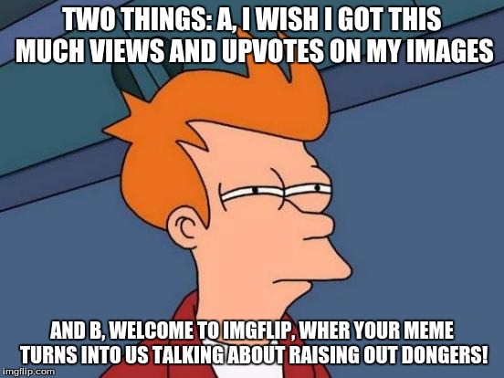 TWO THINGS:
A, I WISH I GOT THIS MUCH VIEWS AND UPVOTES ON MY IMAGES AND B, WELCOME TO IMGFLIP, WHER YOUR MEME TURNS INTO US TALKING ABOUT R | image tagged in memes,futurama fry | made w/ Imgflip meme maker