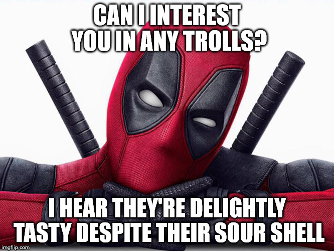 Deadpool - Head Pose | CAN I INTEREST YOU IN ANY TROLLS? I HEAR THEY'RE DELIGHTLY TASTY DESPITE THEIR SOUR SHELL | image tagged in deadpool - head pose | made w/ Imgflip meme maker