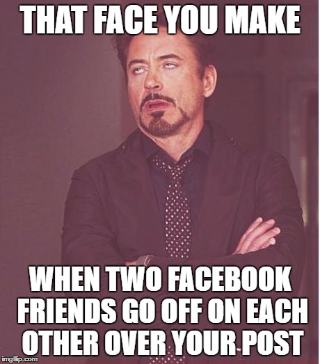 Face You Make Robert Downey Jr Meme | THAT FACE YOU MAKE; WHEN TWO FACEBOOK FRIENDS GO OFF ON EACH OTHER OVER YOUR POST | image tagged in memes,face you make robert downey jr | made w/ Imgflip meme maker