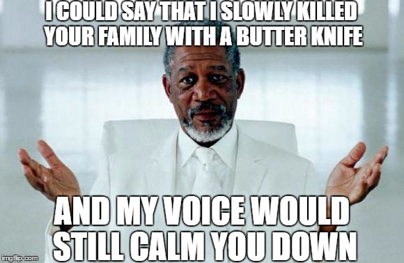 God Morgan Freeman |  I COULD SAY THAT I SLOWLY KILLED YOUR FAMILY WITH A BUTTER KNIFE; AND MY VOICE WOULD STILL CALM YOU DOWN | image tagged in god morgan freeman | made w/ Imgflip meme maker