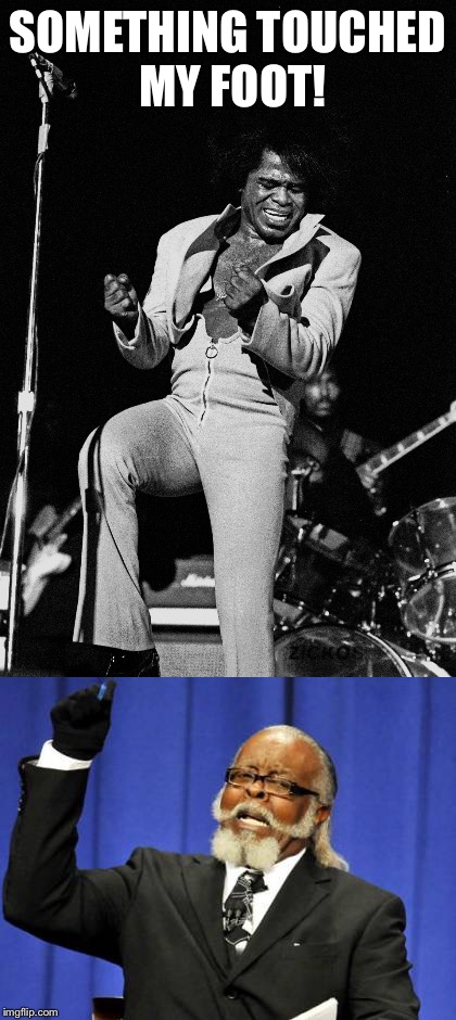Get down when you're too damn high! | SOMETHING TOUCHED MY FOOT! | image tagged in james brown,too damn high,touch | made w/ Imgflip meme maker
